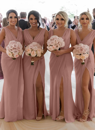 Sheath/Column Cowl Neck Sleeveless Chiffon Bridesmaid Dresses With Pleated Split Front