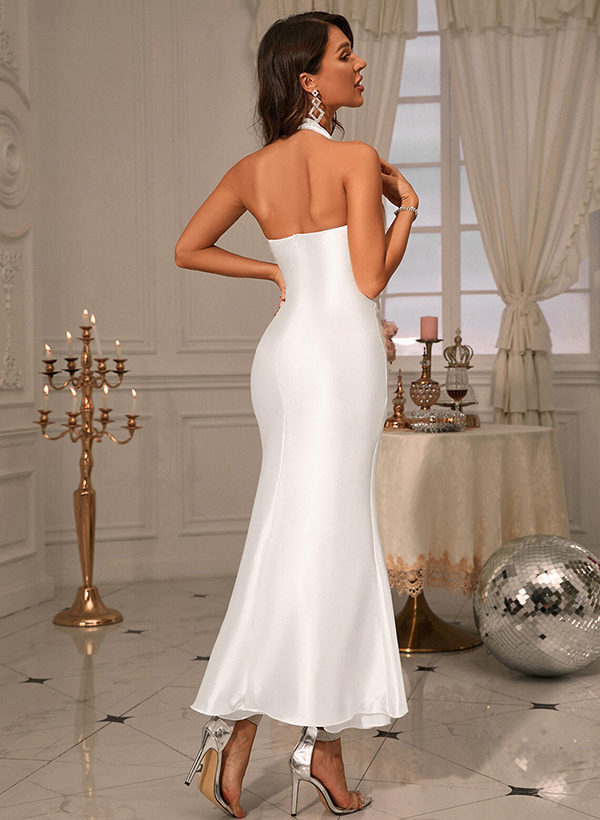 Sheath/Column High Neck Satin Ankle-Length Bridesmaid Dresses