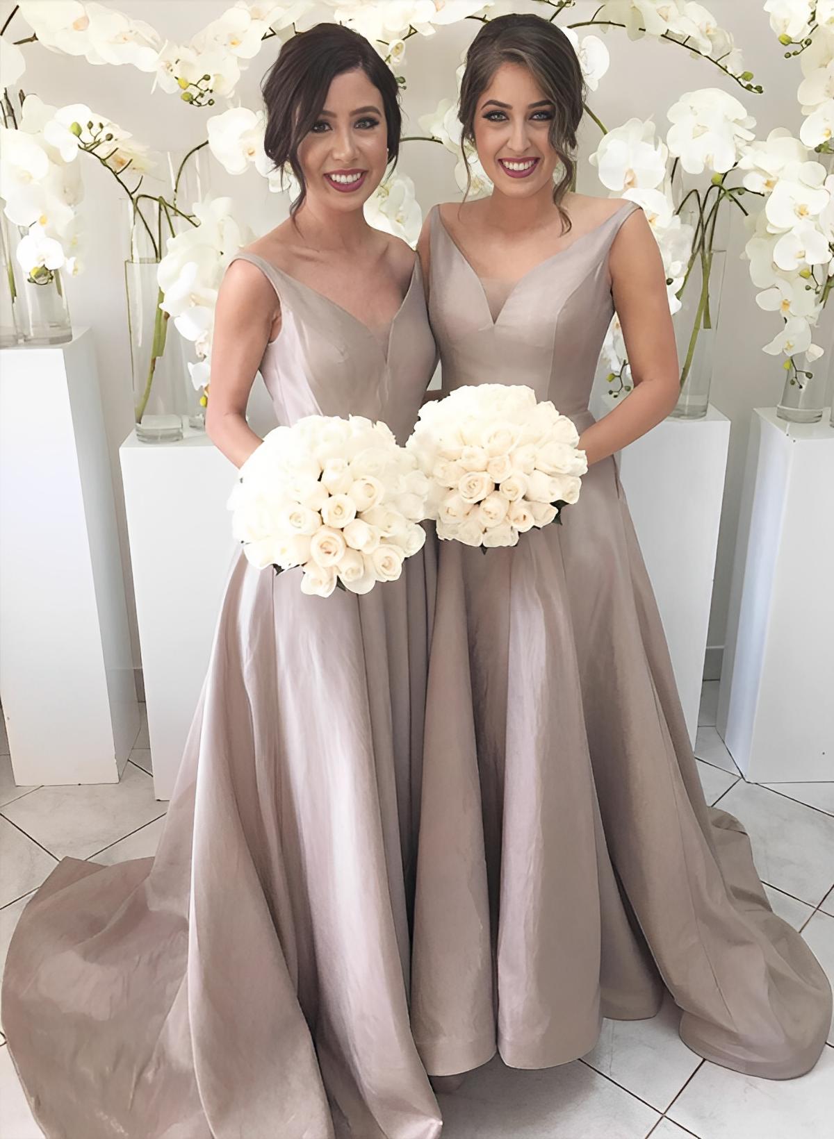 A-Line/Princess V-Neck Charmeuse Sweep Train Bridesmaid Dresses With Pleated