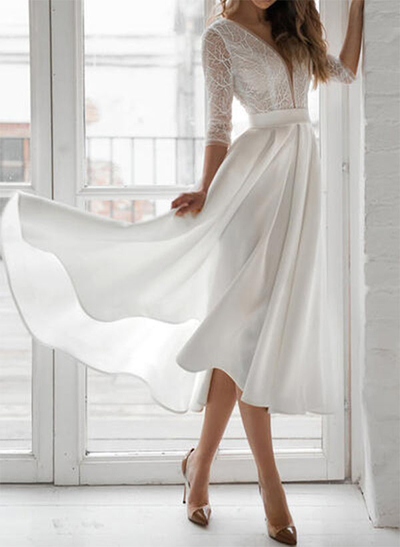 A-Line V-Neck Tea-Length Chiffon Prom Dresses With Bow(s)