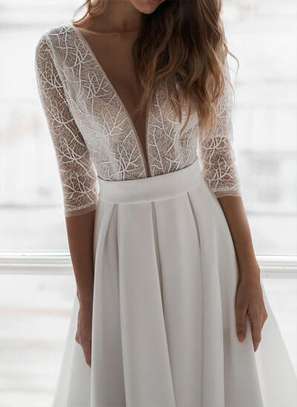 A-Line V-Neck Tea-Length Chiffon Prom Dresses With Bow(s)