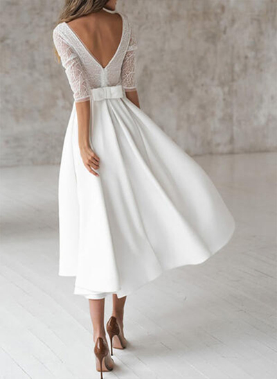 A-Line V-Neck Tea-Length Chiffon Prom Dresses With Bow(s)