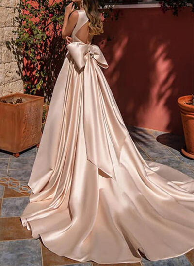 A-Line Square Neckline Court Train Satin Prom Dresses With Bowknot