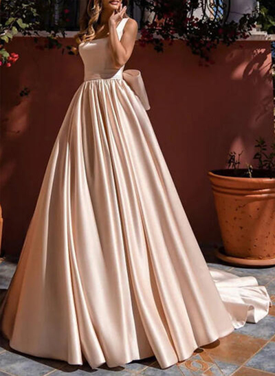 A-Line Square Neckline Court Train Satin Prom Dresses With Bowknot