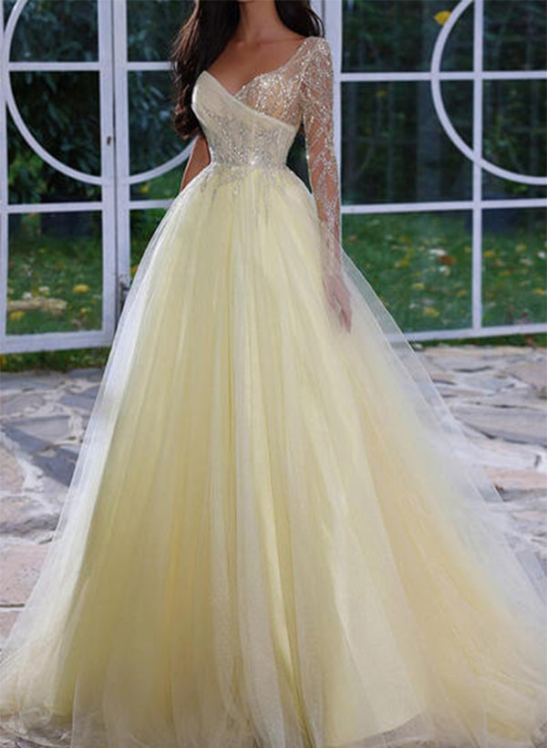 A-Line V-Neck Floor-Length Tulle Prom Dresses With Sequins