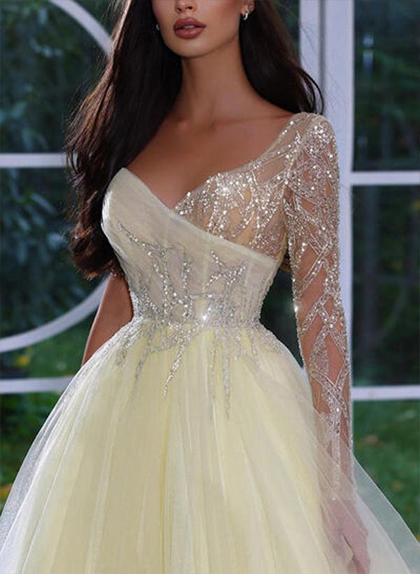 A-Line V-Neck Floor-Length Tulle Prom Dresses With Sequins
