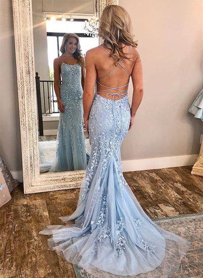 Sheath/Column Square Neckline Sleeveless Court Train Lace Prom Dress With Appliques Lace