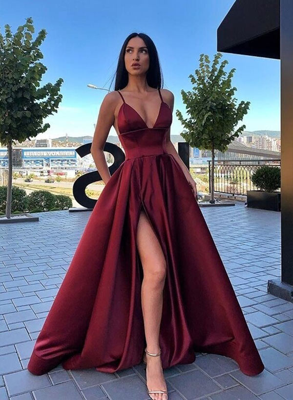 A-Line V Neck Satin Sleeveless Sweep Train Prom Dress With High Split