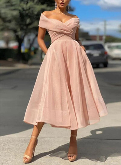 A-Line Strapless Short Sleeves Tea-Length Organza Prom Dresses