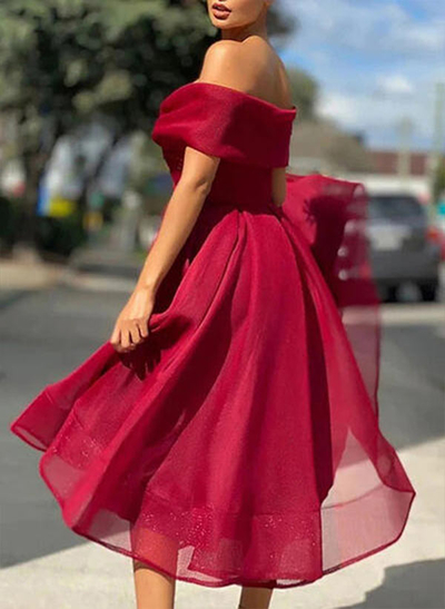 A-Line Strapless Short Sleeves Tea-Length Organza Prom Dresses