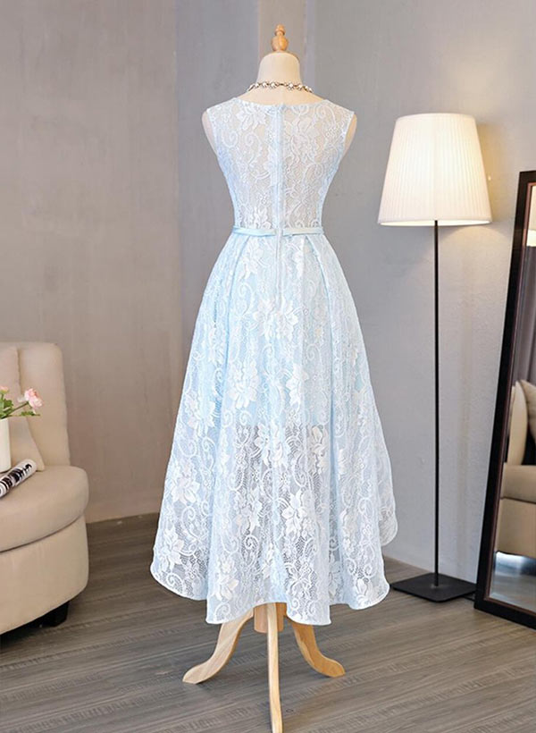 A-Line Scoop Neck Sleeveless Lace Asymmetrical Prom Dress With Lace
