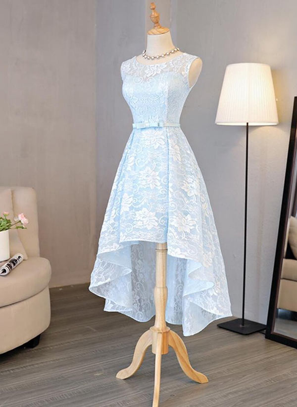 A-Line Scoop Neck Sleeveless Lace Asymmetrical Prom Dress With Lace