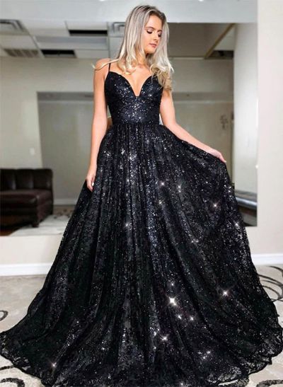 A-Line V-neck Sequined Sleeveless Sweep Train Prom Dress With Sequins
