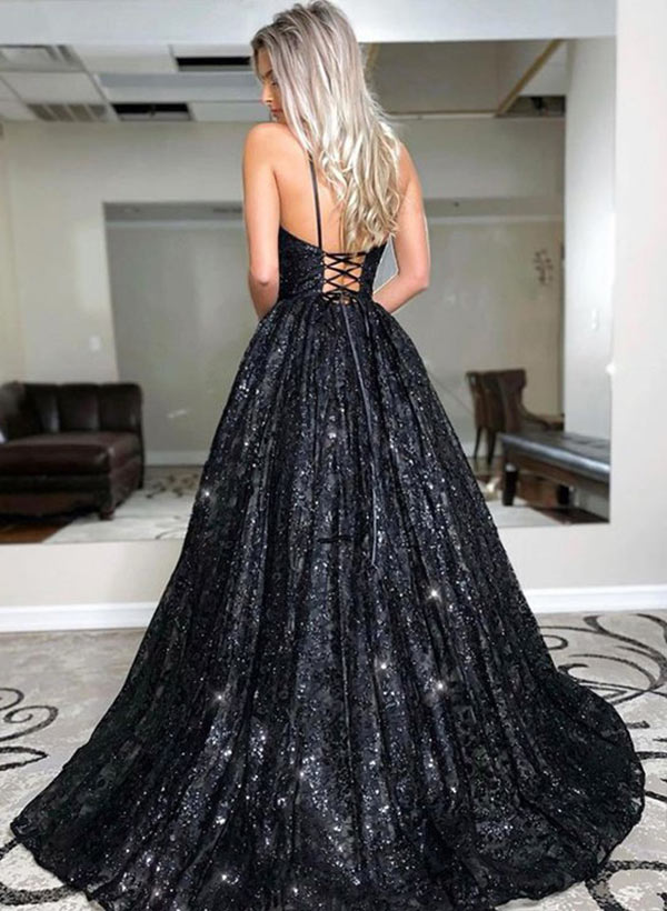 A-Line V-neck Sequined Sleeveless Sweep Train Prom Dress With Sequins