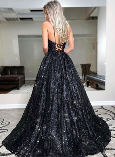 A-Line V-neck Sequined Sleeveless Sweep Train Prom Dress With Sequins