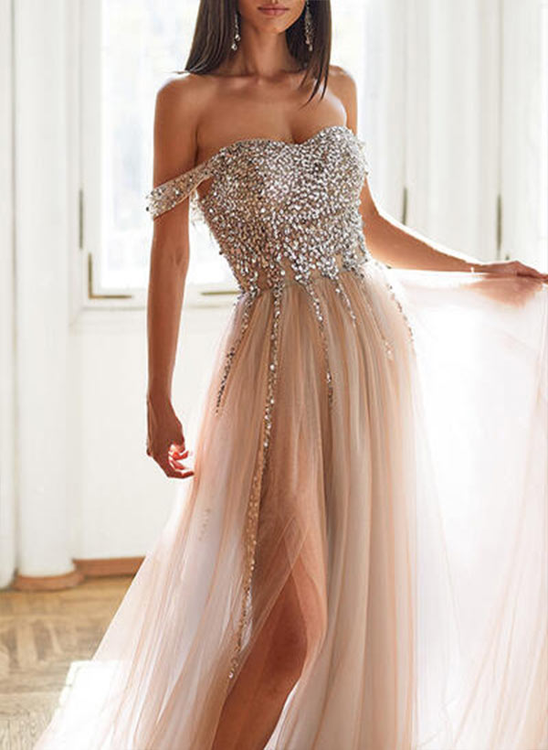 A-Line Sweetheart Sequins Sleeveless Sweep Train Prom Dresses With Split Front