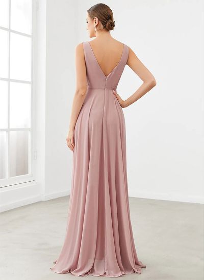 A-Line V-Neck Sleeveless Regular Straps Chiffon Asymmetrical Bridesmaid Dresses With Ruffle