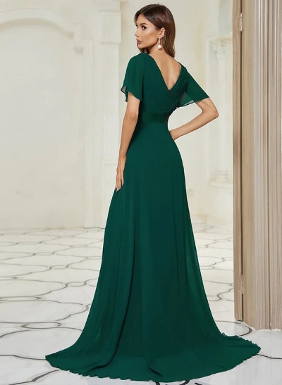 A-Line V-Neck Short Sleeves Chiffon Sweep Train Bridesmaid Dresses With Pleated