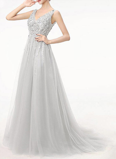 A-Line V-Neck Tulle Court Train Prom Dress With Sequins Beaded