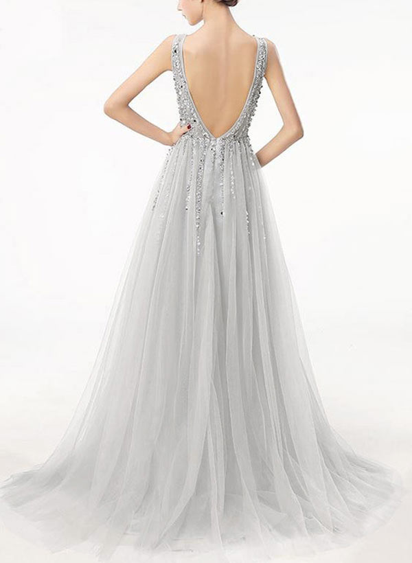A-Line V-Neck Tulle Court Train Prom Dress With Sequins Beaded