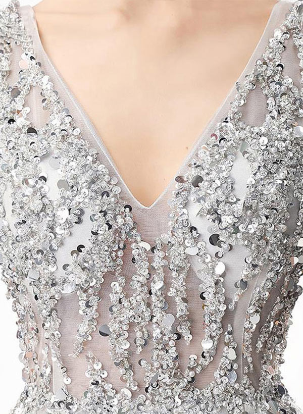 A-Line V-Neck Tulle Court Train Prom Dress With Sequins Beaded