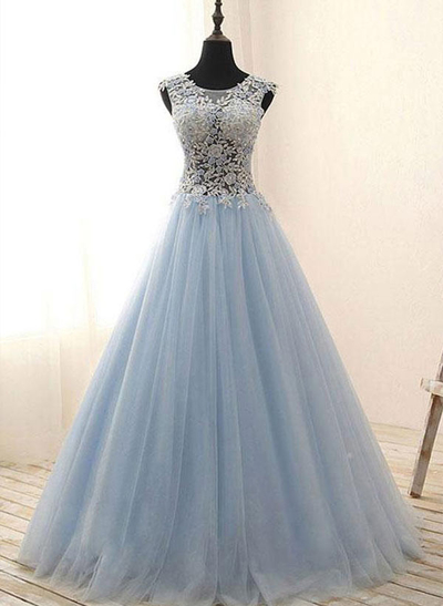 A-Line/Princess Scoop Neck Tulle Floor-Length Prom Dress With Lace Beaded