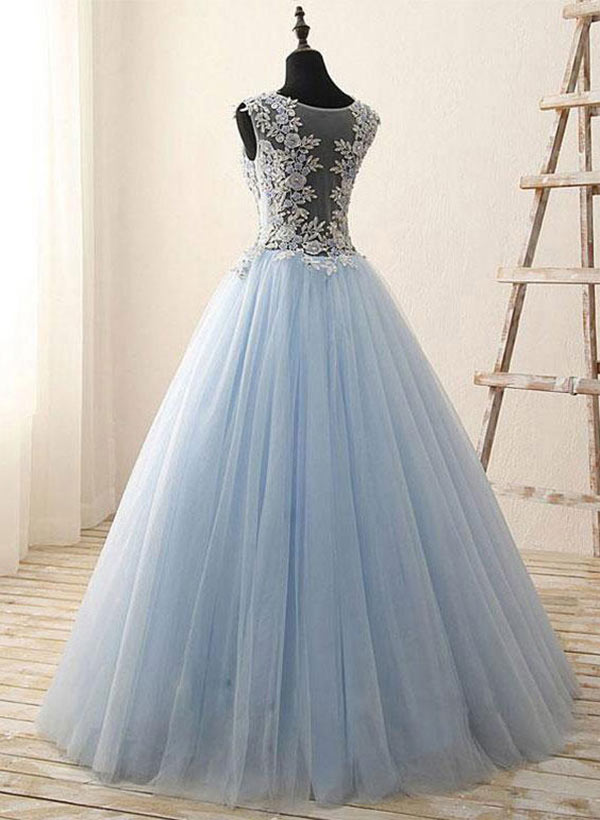 A-Line/Princess Scoop Neck Tulle Floor-Length Prom Dress With Lace Beaded