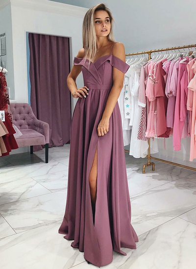 A-line Off-the-Shoulder Elastic Satin Sleeveless Floor-Length Prom Dress With Split Front