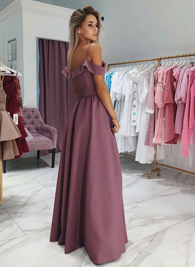 A-line Off-the-Shoulder Elastic Satin Sleeveless Floor-Length Prom Dress With Split Front