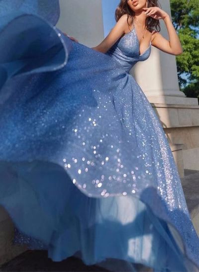 A-Line V-Neck Floor-Length Sequined Prom Dress With Pockets