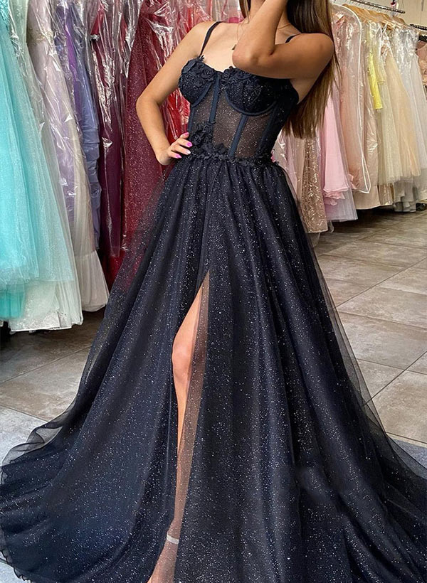 A-Line Sweetheart Sweep Train Tulle Prom Dress With Appliques Lace