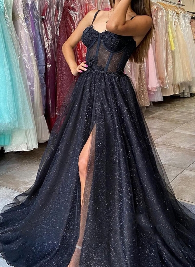 A-Line Sweetheart Sweep Train Tulle Prom Dress With Appliques Lace