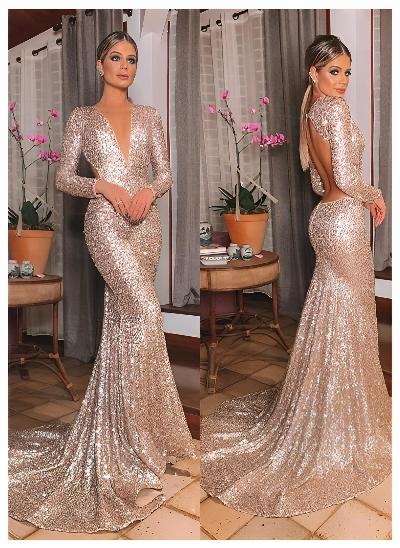Trumpet/Mermaid V-Neck Long Sleeves Sequined Sweep Train Prom Dress With Sequins Back Hole