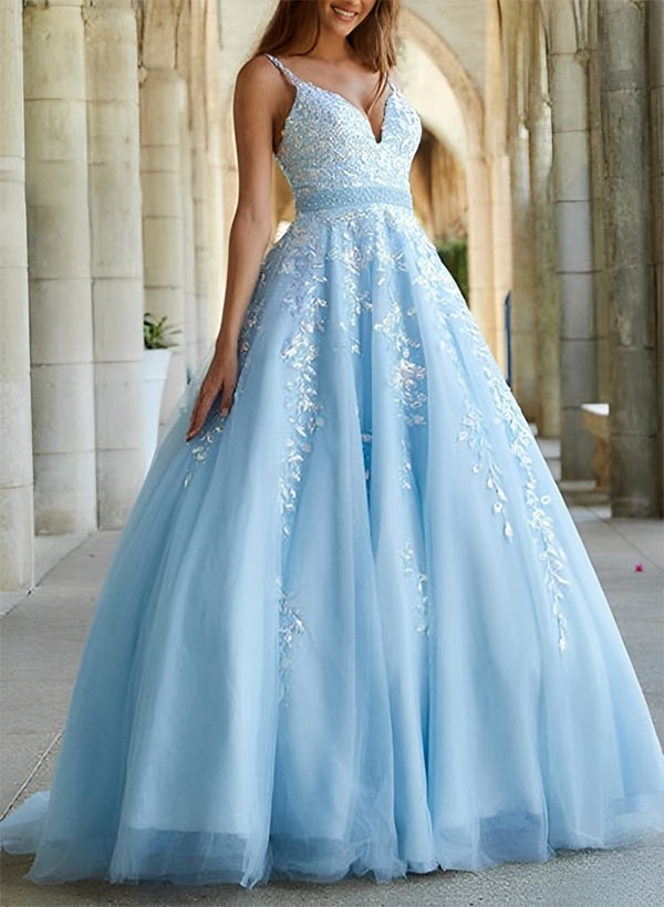 A-Line V-Neck Floor-Length Tulle Blue Prom Dress With Sequins