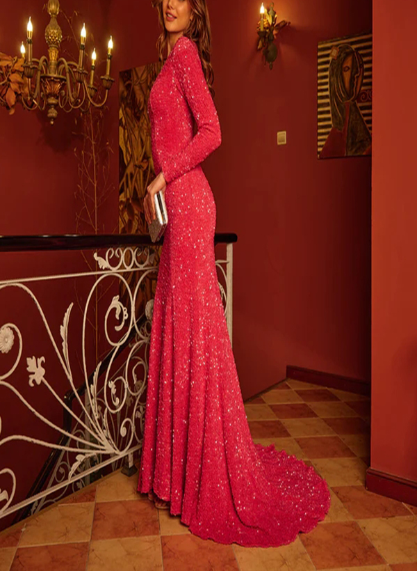 Trumpet/Mermaid Long Sleeves Sequined Sweep Train Prom Dress With Sequins