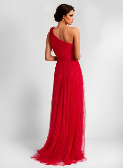 A-Line One-Shoulder Sleeveless Tulle Bridesmaid Dresses With Flower(s)