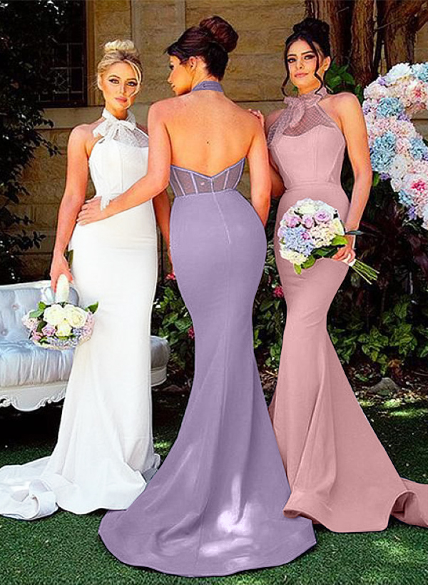 Trumpet/Mermaid Halter Sleeveless Floor-Length Elastic Satin Bridesmaid Dresses