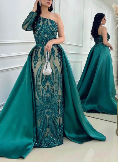Sequined Long Sleeves One-Shoulder Prom Dresses