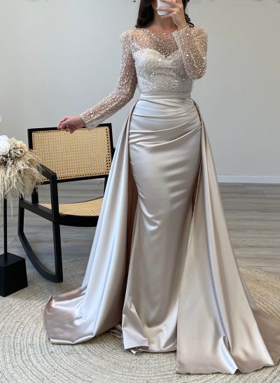 Sparkly Sequined Long Sleeves Satin Prom Dresses