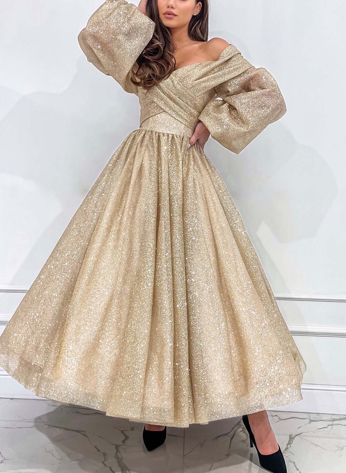 Long Sleeves Off-The-Shoulder Sequined Prom Dresses With Ankle-Length