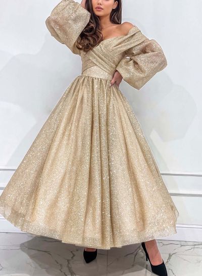 Long Sleeves Off-The-Shoulder Sequined Prom Dresses With Ankle-Length