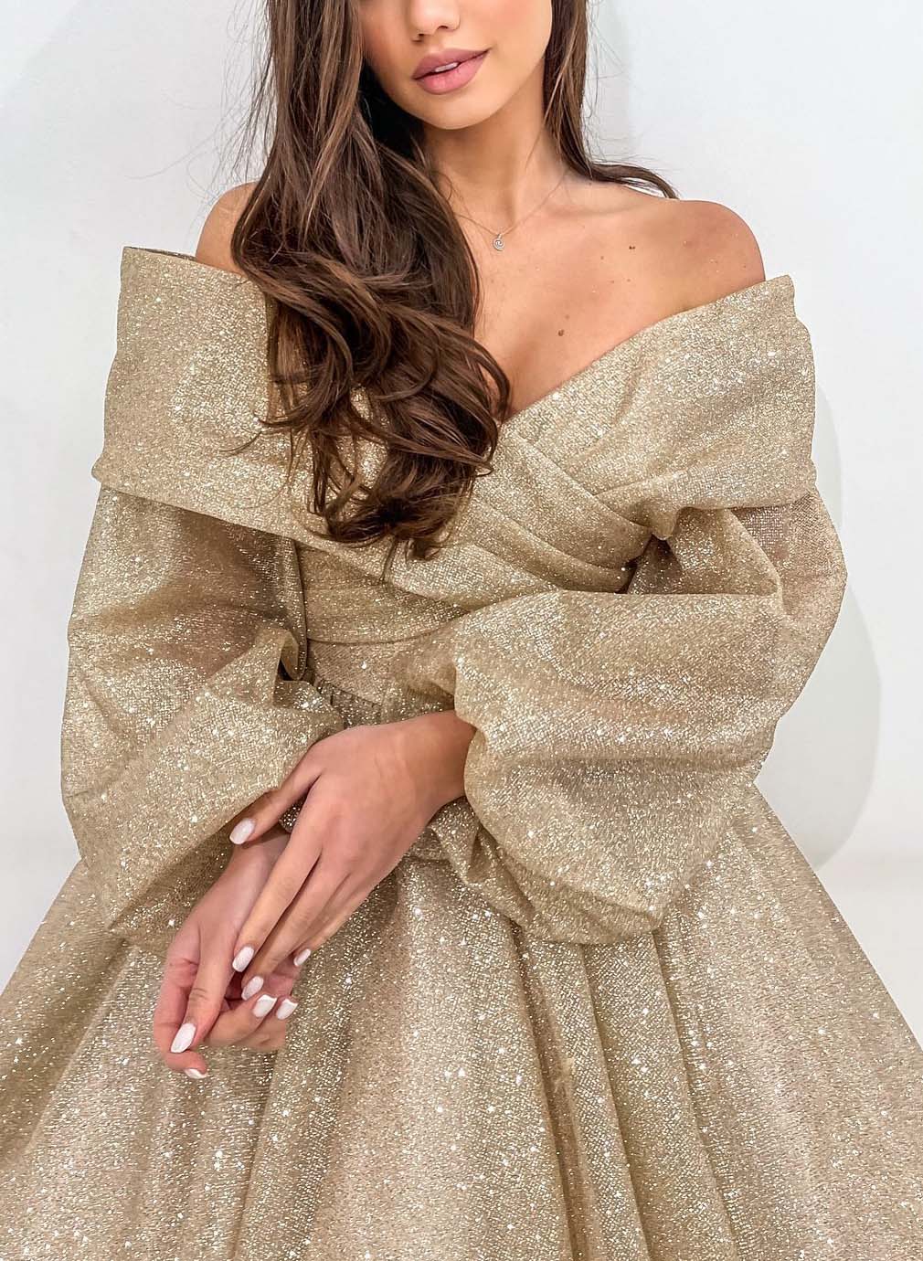 Long Sleeves Off-The-Shoulder Sequined Prom Dresses With Ankle-Length