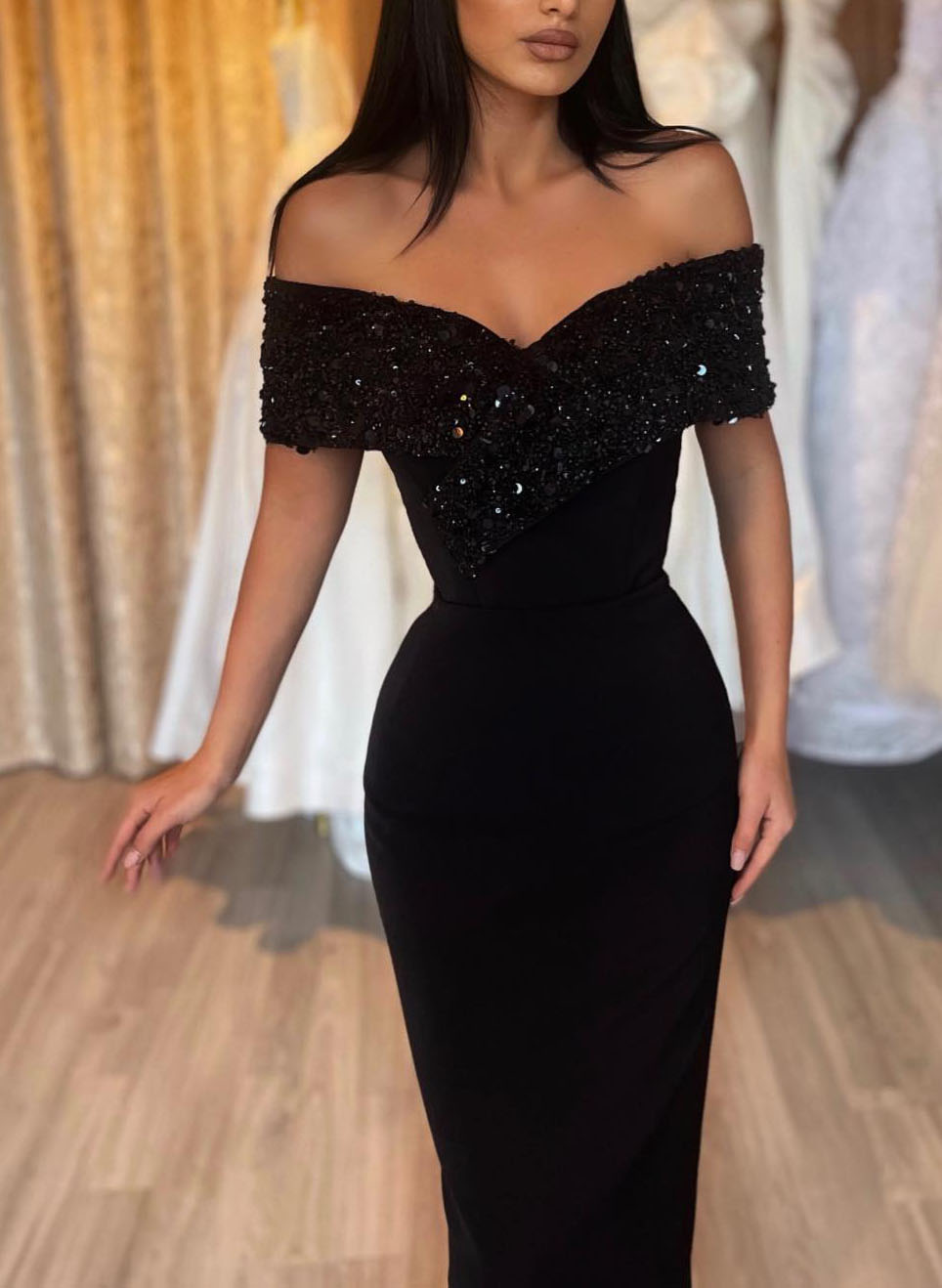 Sparkly Sequined Off-The-Shoulder Sheath/Column Prom Dresses