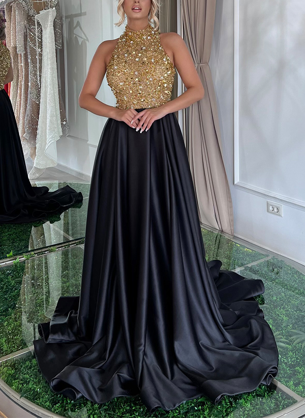 Sparkly Sequined A-Line Halter Prom Dresses