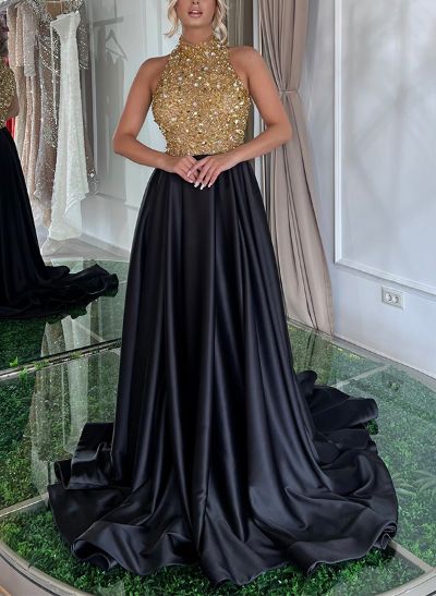 Sparkly Sequined A-Line Halter Prom Dresses