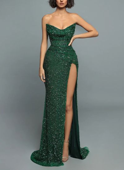 Sheath/Column Sleeveless Sequined Prom Dresses With High Split