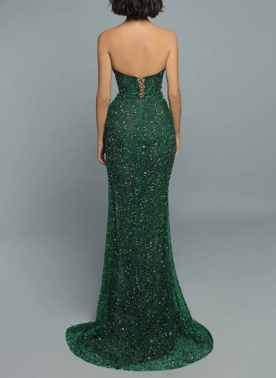 Sheath/Column Sleeveless Sequined Prom Dresses With High Split