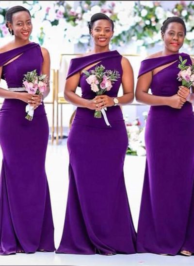 Sheath/Column Asymmetrical Sleeveless Sweep Train Bridesmaid Dresses