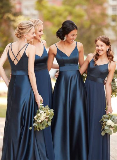 A-Line V-Neck Sleeveless Floor-Length Satin Chiffon Bridesmaid Dresses