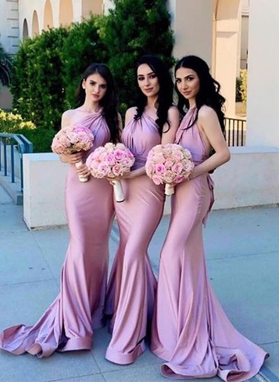 One-Shoulder Sleeveless Sweep Train Bridesmaid Dresses